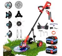 12" Debroussailleuse Electrique sans Fil a 2 21V 3.0Ah Batterie avec Roues, 4 Types Lames, Coupe-Bordure sur Batterie Se Transforme en Dresse-Bordures, Debrouissalleuses Batteries pour Jardin