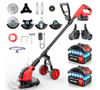 12" Débroussailleuses Electrique sans Fil a 2 21V 3.0Ah Batterie avec Roues, 4 Types Lames, Coupe-Bordure sur Batterie Se Transforme en Dresse-Bordures, Debrouissalleuses Batteries pour Jardin