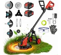 12" Débroussailleuses Electrique sans Fil a 2 21V 3.0Ah Batterie avec Roues, 4 Types Lames, Coupe-Bordure sur Batterie Se Transforme en Dresse-Bordures, Debrouissalleuses Batteries pour Jardin