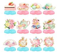 12 décorations florales pour tea party - Centres de table en forme de boules alvéolées | Motifs vintage élégants : théière, horloge et éventail | Décorations en carton faciles à monter, idéales