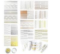 12 feuilles 3D autocollants d'art d'ongle auto-adhésifs or argent courbe bande ligne décalque d'ongle perle boule en acier décoration, femmes filles bricolage décalcomanies à ongles conception