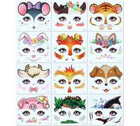 12 Feuilles Autocollants Pour Visages D'Animaux De Dessin Animé Autocollants De Maquillage Imperméables Pour Enfants Parfaits Pour Les Fêtes