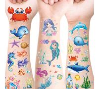 12 feuilles d'autocollants de tatouage temporaire d'animaux de mer de sirène de paillettes, conception mignonne de dessin animé imperméable à l'eau faux mondes sous-marins sirène fée océan poissons tr