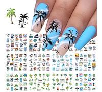 12 Feuilles Été Palmier Stickers Ongles Plage Noix De Coco Autocollants Conception De Style Tropical Hawaïen Tatouages DIY Transfert D'eau Manucure
