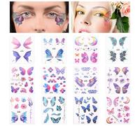 12 Feuilles Halloween Ephemere Temporaires Paillettes Visage Paillettes Papillon Faux Tatouages Autocollants pour femme Noël Fête Festival Anniversaire