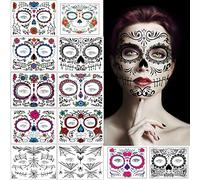 12 Feuilles Halloween Tatouages Temporaires pour visage, Crâne mort Floral Squelette Noir Tatouages éphémères Pour Homme Femme Adulte Enfants Autocollants Halloween Déguisement Costume Maquillage