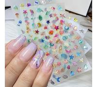 12 Feuilles Océan Stickers Ongles Été autocollant Ongle Marin, Coquillage et Étoile de Mer Nail Art Stickers, 3D Autocollant Ongle en Relief, Autocollants Ongles pour Femme DIY Ongles Décoration