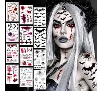 12 Feuilles Tatouage Halloween pour Visage, Fausse Cicatrice Blessure Araignée Bat Stickers, Deguisement Halloween Femme Homme Fille Garcon Autocollants, Spécial FX Costume Maquillage Accessoire