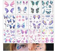 12 Feuilles Tatouages Temporaires Filles Autocollant Sticker Papillon Ailes de Visage Corps Tatouage Personnalisé Décoration Bricolage pour Fête Costume Soirée Anniversaire