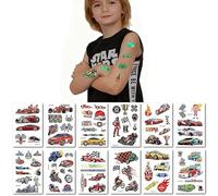 12 Feuilles Tatouages Temporaires Imperméables Phosphorescents Représentant Des Voitures Et Motos De Course Inspirés Des Dessins Animés