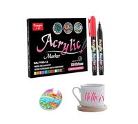 12 Feutres Acryliques, Marqueur Peinture Acrylique Pinceau Imperméable pour Pierre Céramique Verre Bois Tissu Métal, Loisirs Créatifs Adultes et Enfants