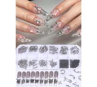 12-Grille Y2K Punk Alliage Décoration d'Art des Ongles Métal Argent Style Gothique Rock Croix Taille Mixte Boule d'Acier Accessoires DIY d'Art des Ongles Fournitures de Salon de Manucure Gemmes pour O