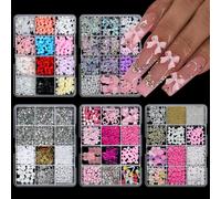 12 grilles/boîte 3D mixte nœud papillon perle coeur ongles breloques Flatback résine fleur, étoile, lune ongles strass bricolage Nail Art décorations & ZB132-2
