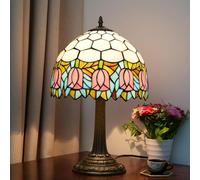 12 inch Lamp Stained Glass Tulip Table Lamp Bedside Reading Desk Light Flower Night Lamp, Antique Art Craft Gifts Lover Kid Living Room Bedroom Study Bookcase,Pink