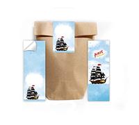 12 marque-pages + 12 sacs cadeaux (naturel) + 12 autocollants pour fête pirate, bateau pirate, cadeau d'anniversaire d'enfant, garçons, filles