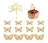 12 Morceaux De Papillons Tridimensionnels, 1 Morceau De Carte D'Anniversaire, Papillon Creux Doré, Décoration Papillon 3D, Autocollant Mural Papillon Simulé, Décoration De Cupcake
