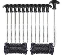 12 Pack Screw On Tent Pegs + 4 Tent Ropes For Hard Floors Garden, Camping, Fishing And Tents Hard Floors Strong Screw On Tent Pegs