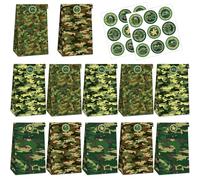 12 Packs de Sacs de Fête en Camouflage, Pochette Cadeau avec 18 Autocollants, Papier Cadeau Kraft, Sachet Bonbons Anniversaire, pour Célébrations, Fête, Mariage, Anniversaire, Noël