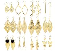 12 paires Boucles d'Oreilles Pendantes pour Femmes Filles, Or Boucles d'Oreilles Boho, Pompons/Prisme/plume/chaîne/linéaires/Vague/feuilles Bijoux Fantaisie pour Femme Fille