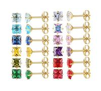 12 paires de boucles d'oreilles en acier inoxydable chirurgical plaqué or 18k, étoile coeur larme carré birthstone CZ zircone cubique boucles d'oreilles set