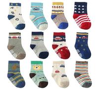 12 Paires de Chaussettes de Non-dérapage de Garçon d'Enfant en Bas âge de Coton Mignon Avec des Poignées, Chaussettes Anti-dérapantes de Bébés de Garçons (12 paires d'heure du bonheur, 3-5 ans)