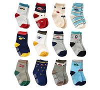12 Paires de Chaussettes de Non-dérapage de Garçon d'Enfant en Bas âge de Coton Mignon Avec des Poignées, Chaussettes Anti-dérapantes de Bébés de Garçons (12 paires avion et voiture, 3-5 ans)