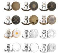 12 Pcs Bouton Jean Clipsable 17mm, Bouton Pression sans Couture pour Resserre Pantalon, Ajusteur de Taille en Métal Amovible pour Jeans, Pantalons, Jupes - Motifs Marguerites et Lettres
