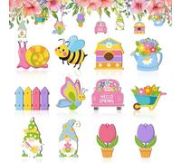 12 PCS Decoration Printemps Pendentif Bois GNOME Ornements Suspendus en Bois Camion Artisanat pour Fêtes Thème du Printemps ou de l'été, Décorations pour Fêtes de Naissance (A)