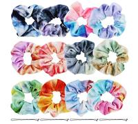 12 Pcs Velvet Scrunchies, Tie-Dye Hair Bands With 1 Pack of Wave Shape Hair Clip, Soft Hair Accessories For Curly Hair, Straight Hair, Ponytail, Bun (Multicolor)