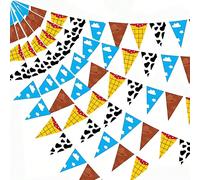 12 pièces/24 pièces Décorations de fête d'anniversaire de l'histoire de dessin animé, fournitures de fête d'anniversaire de l'histoire de dessin animé. Fanions triangulaires à imprimé vache, ciel bleu