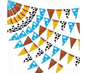 12 pièces/24 pièces Décorations de fête d'anniversaire de l'histoire de dessin animé, fournitures de fête d'anniversaire de l'histoire de dessin animé. Fanions triangulaires à imprimé vache, ciel bleu