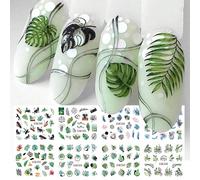 12 pièces Autocollants de transfert d'eau pour ongles avec motif de feuilles de palmiers verts, plantes tropicales d'été. Décalcomanies d'eau pour la décoration des ongles. Autocollants pour ongles DI