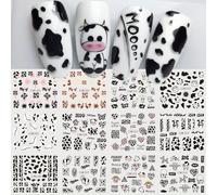 12 pièces Autocollants d'ongles style français mignons à motif de vache noir et blanc, décalcomanies de nail art par transfert d'eau, décorations d'ongles pour l'été et le printemps ABS