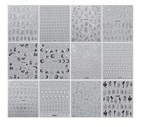 12 pièces Autocollants pour ongles gothiques argent métallisé, motifs papillon serpent lune étoile rose argent, autocollants pour ongles crâne & rose, motifs totem de sorcière sombre, autocollants d'a