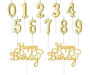 12 pièces bougies d'anniversaire, bougie chiffre,gâteau numéro 0 à 9 ans,2 pièces de décoration de gâteau avec lettres joyeux anniversaire,Gâteau d'Anniversaire (Or)