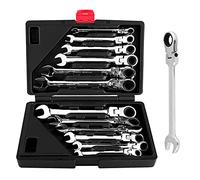 12 Pièces Clé à Cliquet avec Tête Flexible Clé Plate a Cliquet Clé à Cliquet Clé Mixte de 8 à 19mm avec Valise à Outils, Angle de retour 5°, cliquet de qualité 72 dents