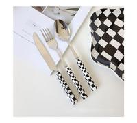 (12 Pièces) Damier Poignée en Céramique Cuisine Acier Inoxydable Argenterie Vaisselle Couverts Ensemble De Couteau À Steak Fourchette Cuillère Café (Noir)