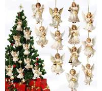 12 pièces de décorations de sapin de Noël en bois en forme d'ange - Décorations de sapin de Noël blanches vintage, anges de Noël rustiques de ferme avec attaches en corde, décorations suspendues pour