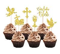 12 pièces Décorations de gâteau "Que Dieu vous bénisse", pics de cupcakes avec calice d'ange pailleté, croix et bible, thème chrétien du baptême pour anniversaire, Noël Taille Unique,B,24 décorations 
