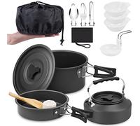 12 Pièces Kit de Casseroles Camping avec Vaisselle, Kit de Cuisine Cookware en Aluminium Ustensiles de Cuisine de Camping pour Pêche Pique-Nique Randonnée BBQ pour 2-3 Personnes(Noir)
