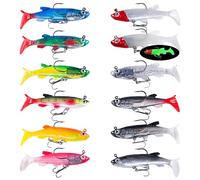 12 Pièces Leurre Peche Carnassier Leurre Peche Mer Leurre Peche Peche Carnassiers Leurres Bionic Rubber Lure Set Leurre Souple à Double Hameçon et Queue en T Bloc Leader Intégré angelköder