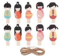 12 Pièces Mini Pinces à Linge Poupées Kokeshi Japonaises Mini-Clip Photo Pinces à Suspendre Pince à Photo De Noël Photos Organisateur Clips Chevilles d'image Bambou Corde en Bois