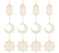 12 Pièces Ornement de Ramadan en Bois, Lanterne Suspendue Lune et Étoile Lampe de Lune du Ramadan Lumières d'Étoiles du Ramadan Décoration de l'Aïd Ramadan pour l'Extérieur la Maison la Cour