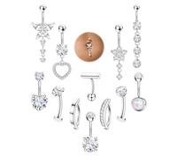 12 Pièces Piercing Nombril 316L Acier Chirurgical HypoallergéNiques - Étanche Percing Au Nombril Long Anneau Acier Inoxydable,Clicker Barbells Fleur Cœur Nombrils Percings Or Argenté 14G Argent 12mm