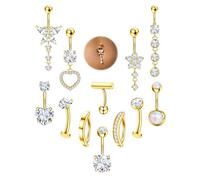 12 Pièces Piercing Nombril 316L Acier Chirurgical HypoallergéNiques - Étanche Percing Au Nombril Long Anneau Acier Inoxydable,Clicker Barbells Fleur Cœur Nombrils Percings Or Argenté 14G Doré 10mm