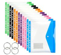 12 Pièces Pochettes Plastiques Perforées A4 Pochettes Transparentes | Pochette Plastique A4 avec Boutons-Pression et Pochette à Étiquette, pour Bureau, École et Maison, 6 Couleurs, 4 Anneaux