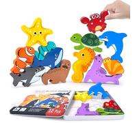 12 Pièces Puzzles en Bois Enfant, Bebe Puzzle Animaux Marins, Puzzles en Bois pour Enfants Jouet Bébé 3D Puzzles, Puzzle à Encastrement, Jouet Montessori pour Garçons Filles