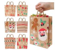 12 Pièces Sac Cadeau kraft Noel, Sacs Cadeaux de Noël avec Anse, Reutilisable Sac Noel 6 Styles pour Bonbons, Cadeau, Biscuits (21 x 15 x 8 cm)