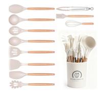 12 Pièces Ustensiles Cuisine avec Pot Rangement, Spatules Bois Antiadhésive Silicone, Outils Cuisson Poignées Résistant, Accessoires Service Chaleur pour Poêles et Casseroles