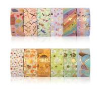 12 Rouleaux Washi Tape Set 15 mm x 3 m Masking Tape Ruban Washi en Feuille D'Or Ruban Adhésif Décoratif Scotch Decoratif pour Artisanat de Bricolage Journaux à Puces Emballage de Scrapbooking